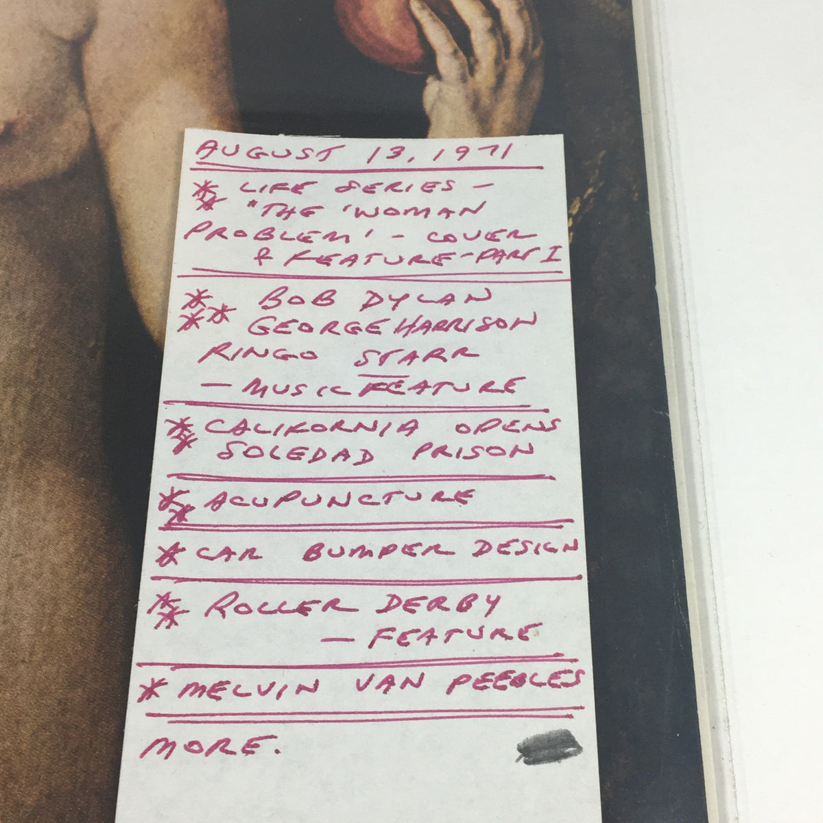 Inside the August 13, 1971, VTG Life Magazine, highlighting key features including music icons like Bob Dylan and George Harrison, and social topics of the time, with handwritten notes.