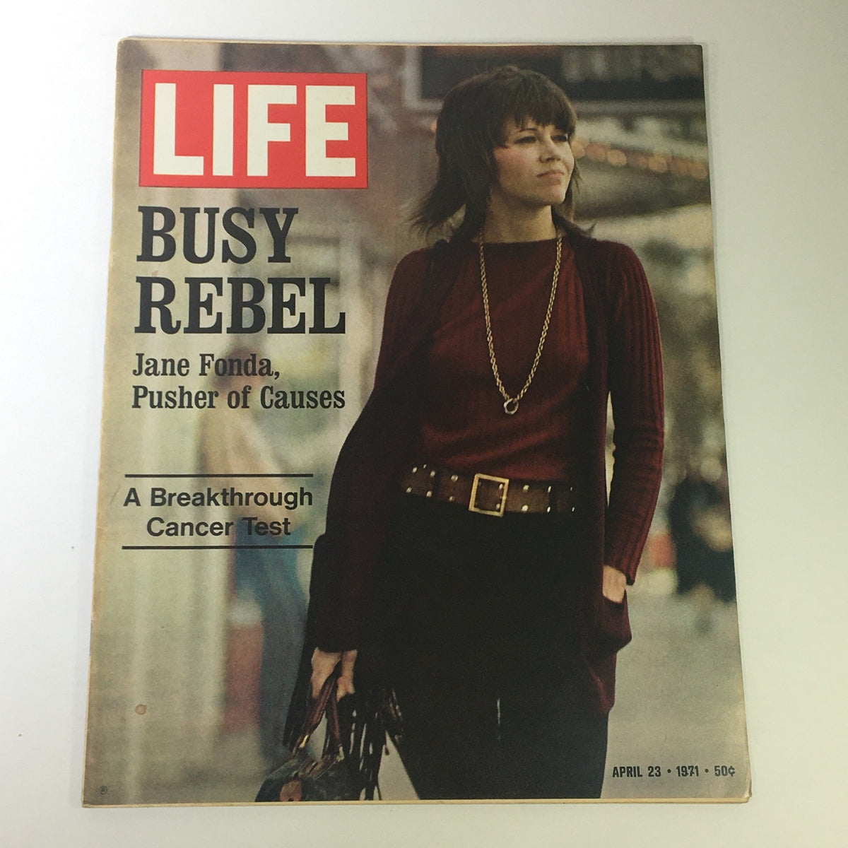 VTG Life Magazine April 23 1971 Jane Fonda Cover featuring the title 'Busy Rebel' with a photo of Jane Fonda in a stylish outfit.
