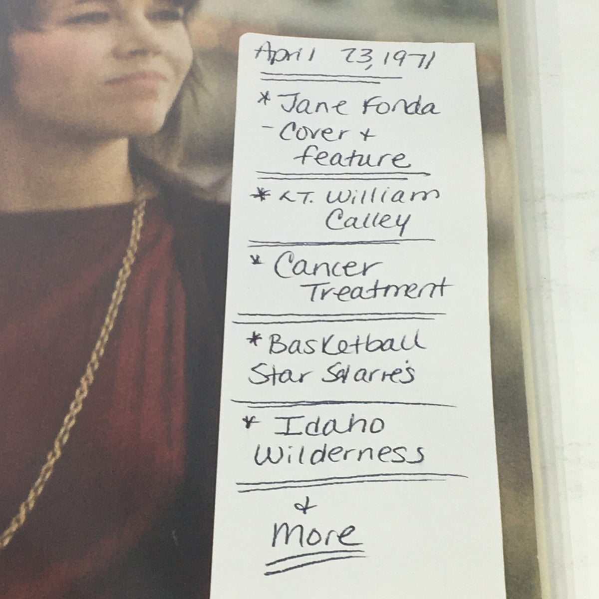 Detailed list from the April 23, 1971 issue of VTG Life Magazine featuring Jane Fonda on the cover, highlighting key topics including Lt. William Calley, cancer treatment, basketball stars, and Idaho wilderness.