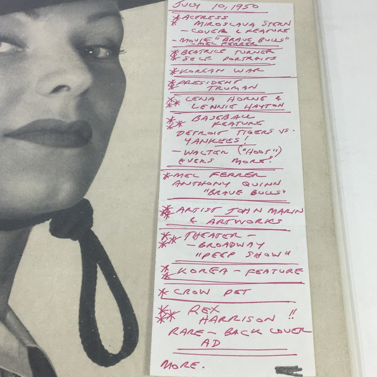 Inside view of VTG Life Magazine July 10 1950, highlighting features, articles, and a list of contents, with emphasis on Miroslava Stern and the film 'Brave Bulls'.