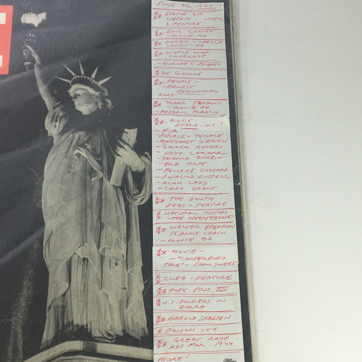 Detailed view of the VTG Life Magazine June 26 1944 cover with list of features alongside the Statue of Liberty.