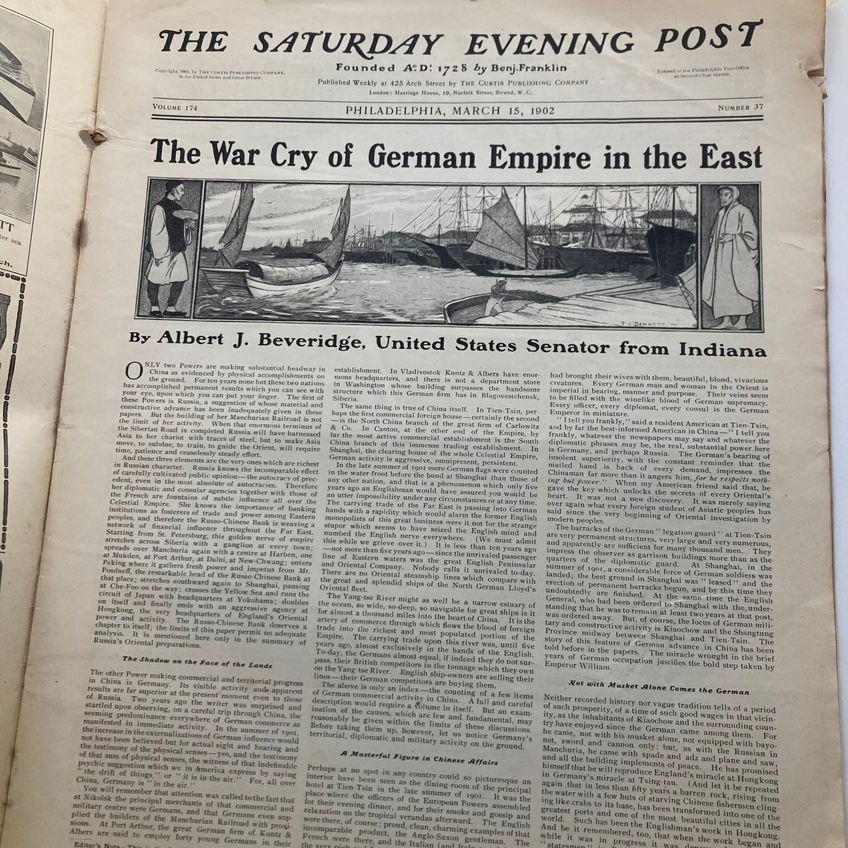 Inside page of The Saturday Evening Post from March 15, 1902, titled 'The War Cry of German Empire in the East', by Albert J. Beveridge, showcasing boats and historical imagery relevant to early 20th-century conflicts.