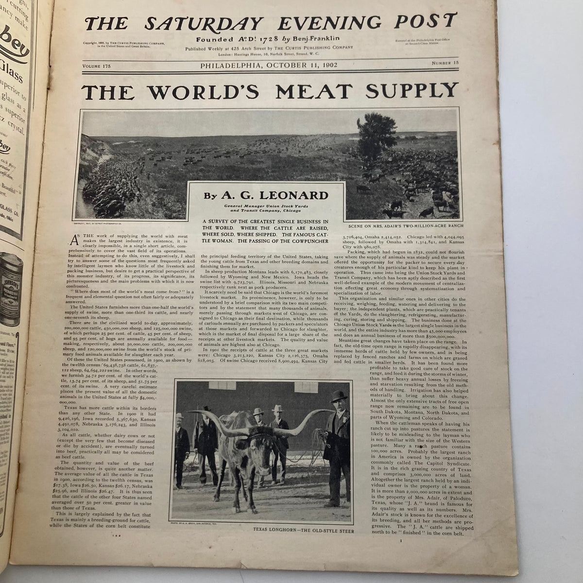 Interior page of The Saturday Evening Post, October 11, 1902, showcasing an article titled 'The World’s Meat Supply' by A.G. Leonard, along with an accompanying historical image.