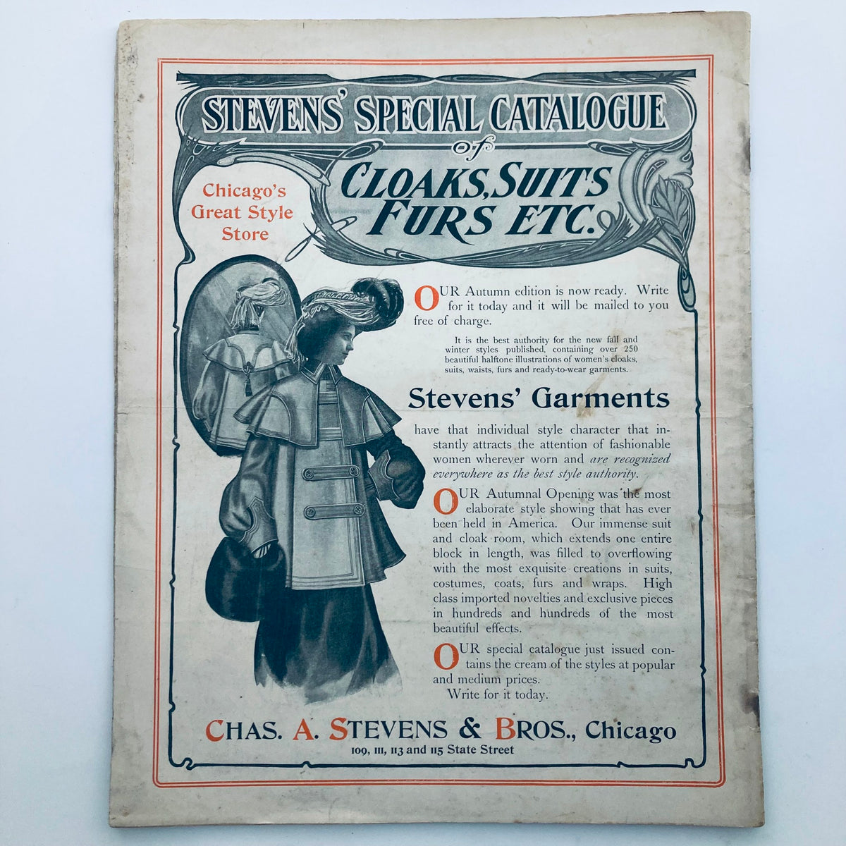 Stevens' Special Catalogue of Cloaks, Suits, Furs, featuring stylish garments from Chicago’s Great Style Store, highlighting fashion in the early 1900s.