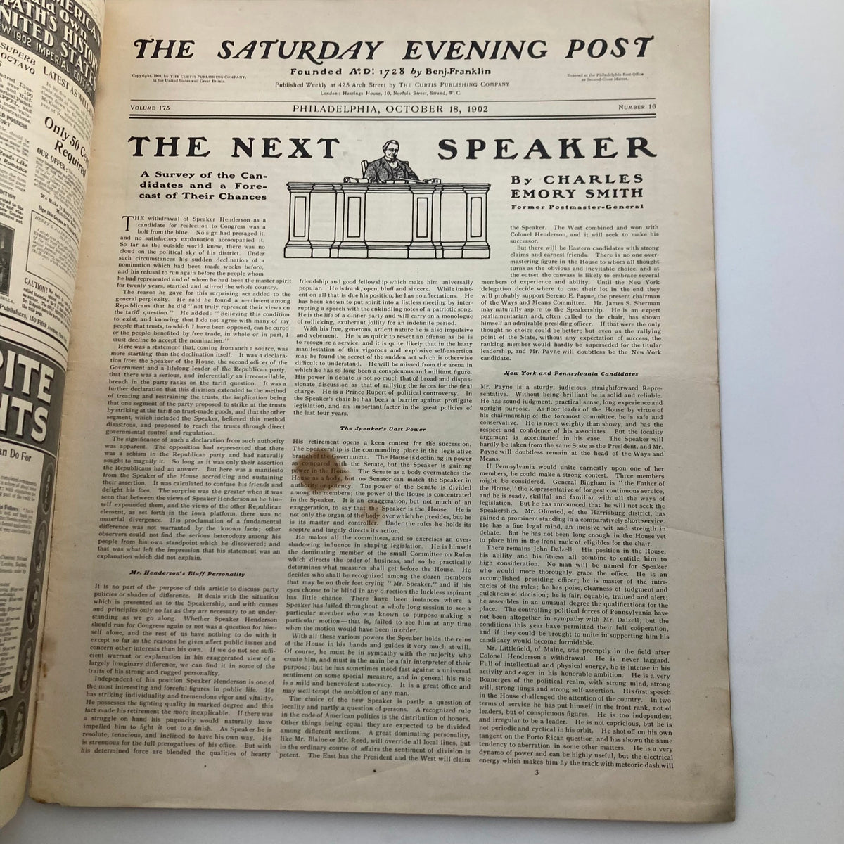 The Saturday Evening Post October 18 1902 cover featuring the article 'The Next Speaker' by Charles Emory Smith, showcasing historical newspaper design and vintage printing.