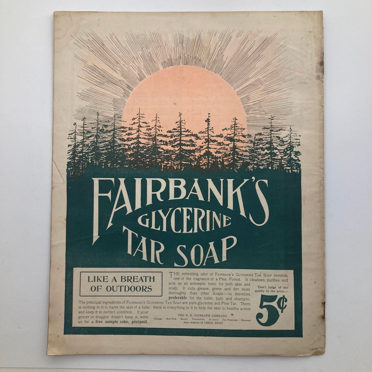The Saturday Evening Post October 18 1902 advertisement for Fairbank's Glycerine Tar Soap featuring a sunset and forest illustration, highlighting vintage branding design.