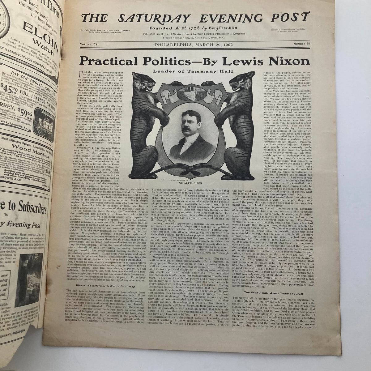 Interior page of The Saturday Evening Post from March 29, 1902, showcasing the article 'Practical Politics' by Lewis Nixon, with a portrait of the author.