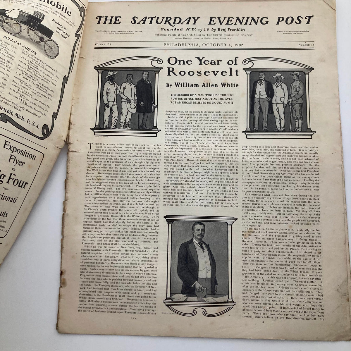 Inside page of The Saturday Evening Post, October 4, 1902, showcasing the article 'One Year of Roosevelt' by William Allen White, along with engaging illustrations and text layout.