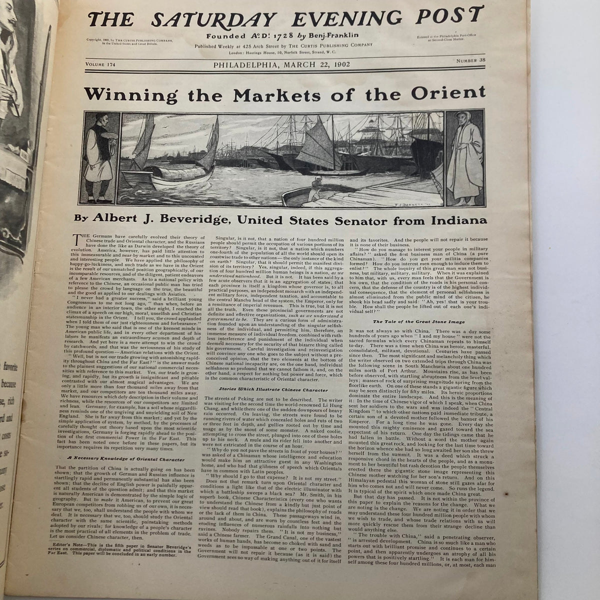 Interior page of The Saturday Evening Post March 22 1902, titled 'Winning the Markets of the Orient', featuring an article by Albert J. Beveridge.