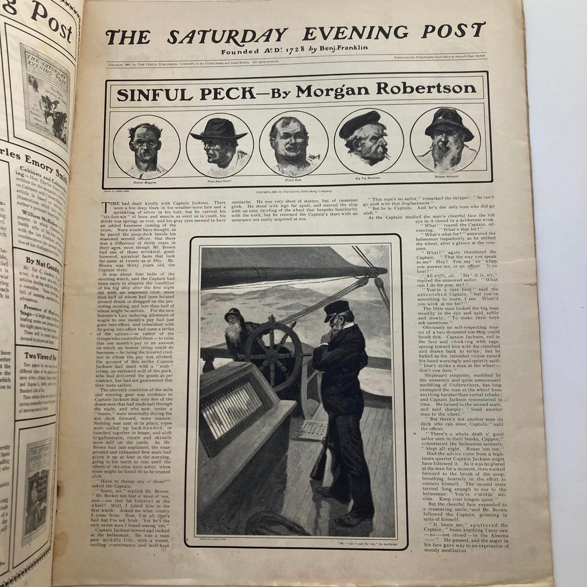 Article page from The Saturday Evening Post December 28, 1901 titled 'Sinful Peck' by Morgan Robertson featuring a detailed illustration.
