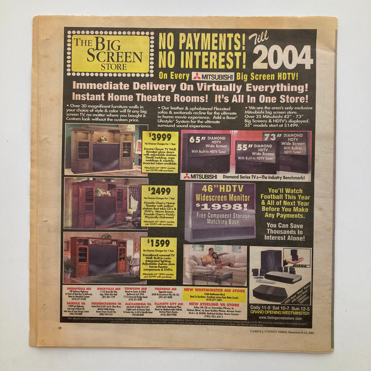 Advertisement page from TV Week Magazine December 8 2002, promoting Mitsubishi Big Screen HDTVs with offers valid till 2004.