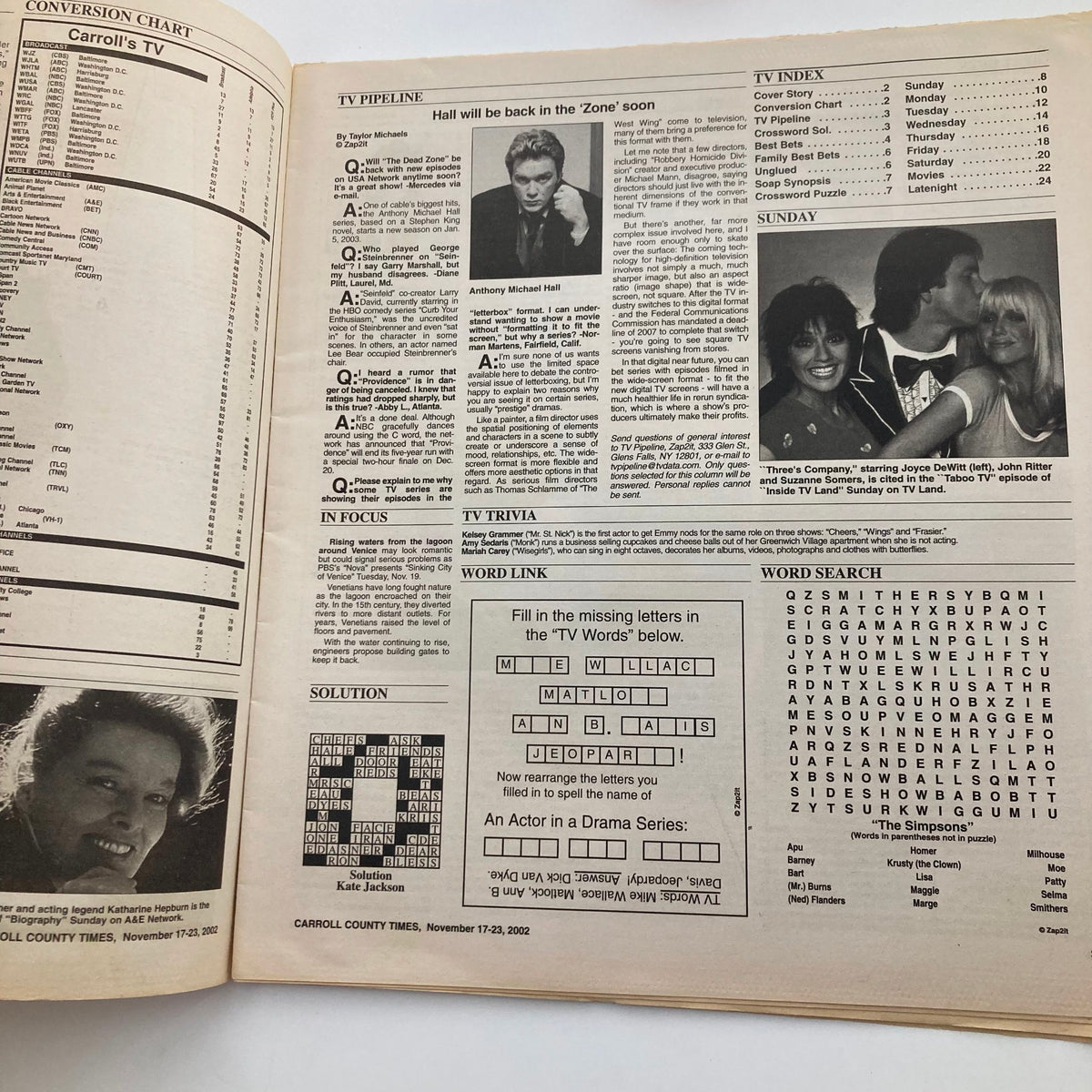 Inside pages of TV Week Magazine November 17 2002 featuring TV trivia and a crossword puzzle, highlighting Anthony Michael Hall.
