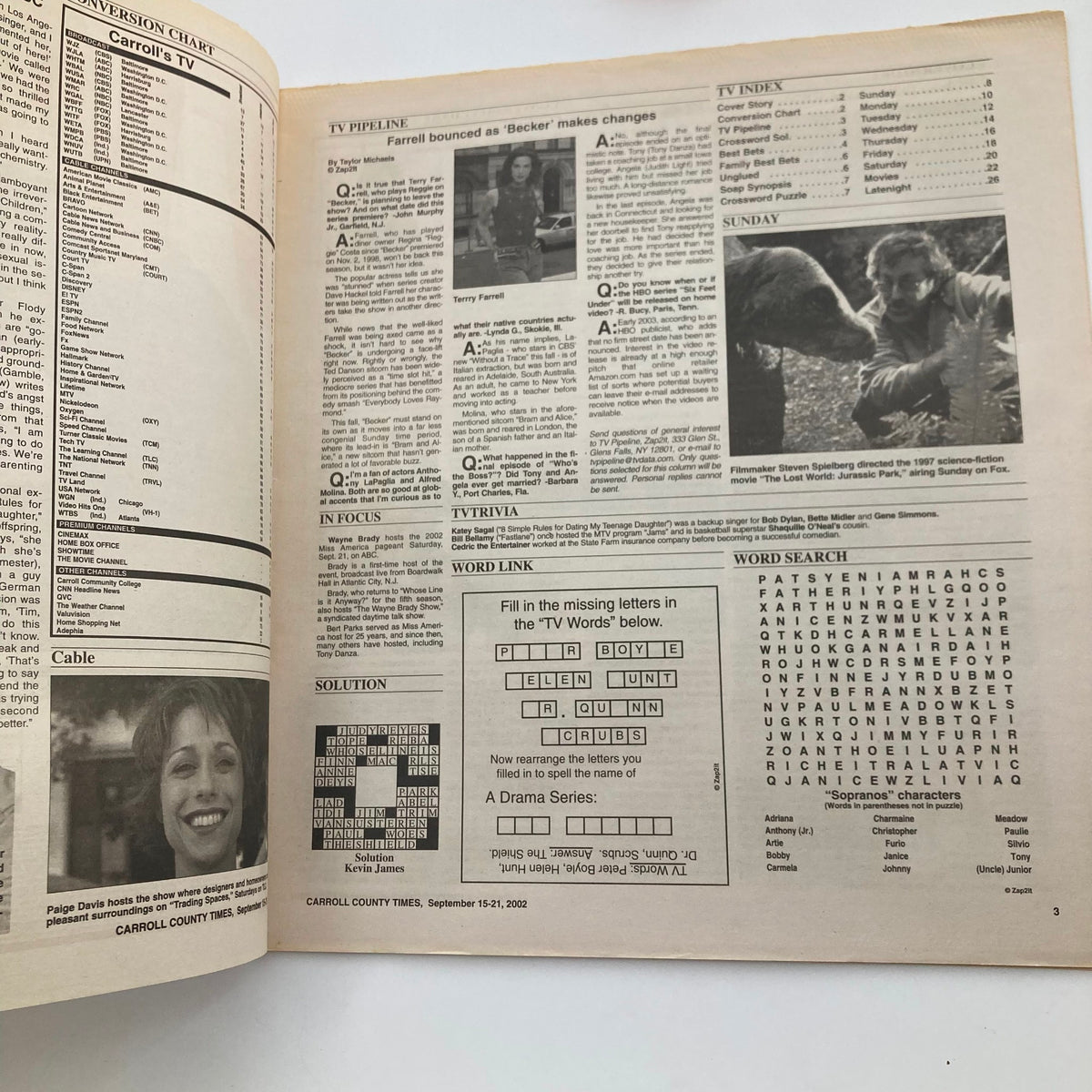 Inside spread of TV Week Magazine dated September 15, 2002, displaying television listings and features, along with an article about the show Becker.