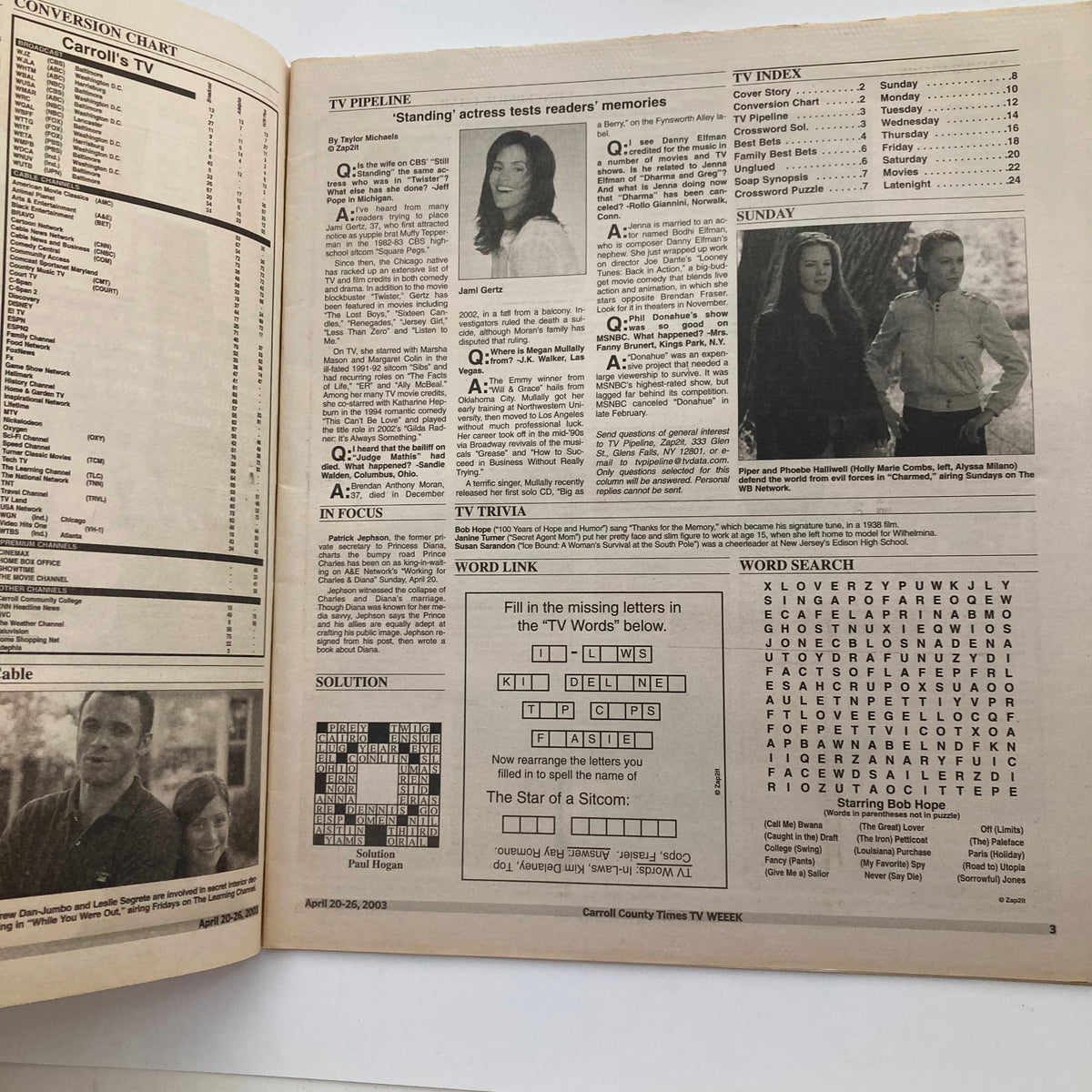 Inside page of TV Week Magazine April 20 2003 highlighting TV trivia and listings with images of Della Resse and Roma Downey.