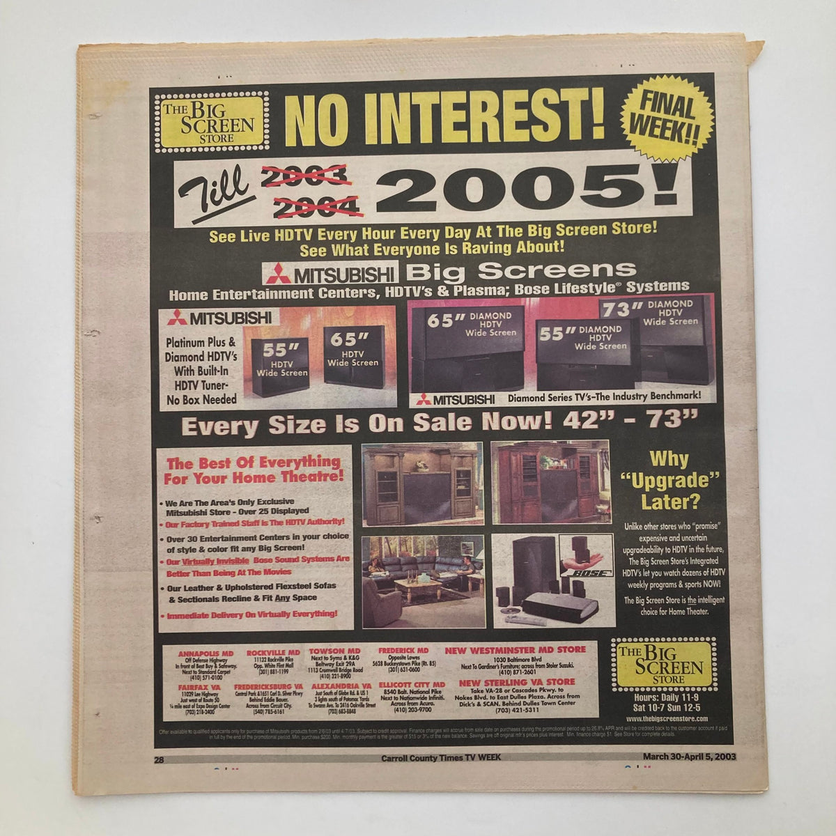 Advertisement page from TV Week Magazine March 30 2003 showcasing 'The Big Screen Store' with TVs on sale and promotional offers, part of the listings for the week.