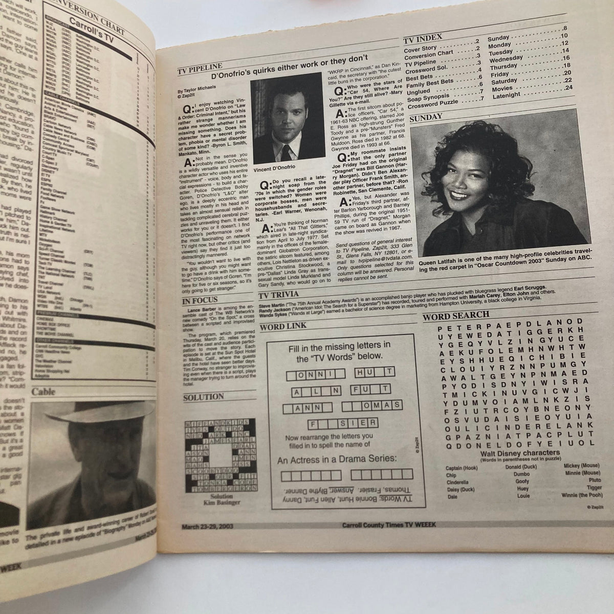 Interior page of TV Week Magazine March 23 2003 featuring TV program listings and interviews, showcasing pop culture from early 2000s.