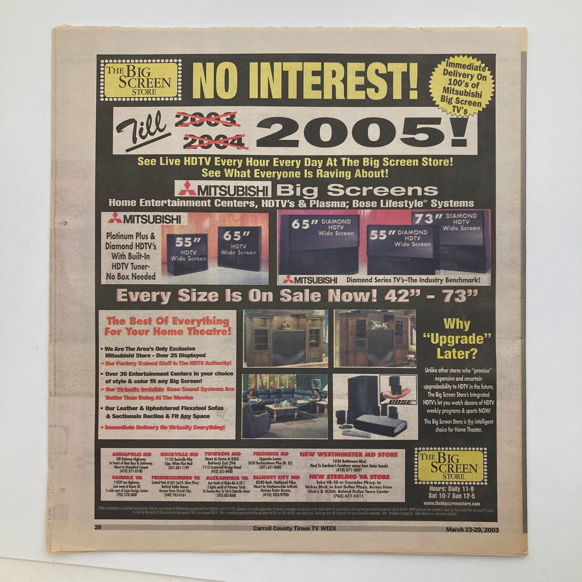 Advertisement page from TV Week Magazine March 23 2003 promoting Big Screen Store with offers on HDTVs and home entertainment systems.