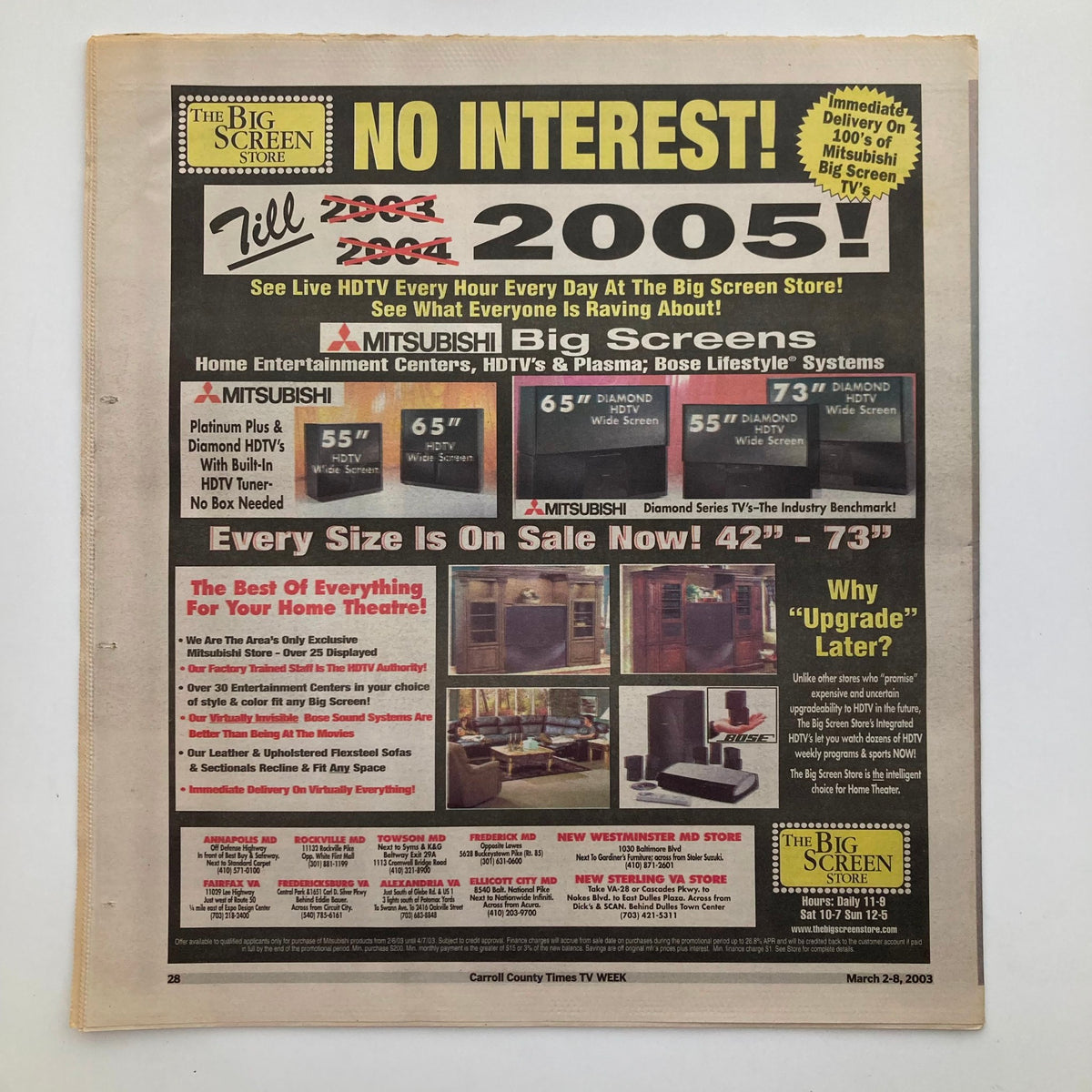 Advertisement page from TV Week Magazine March 2, 2003, promoting the Big Screen Store's HDTV sales, alongside entertainment technology discounts.