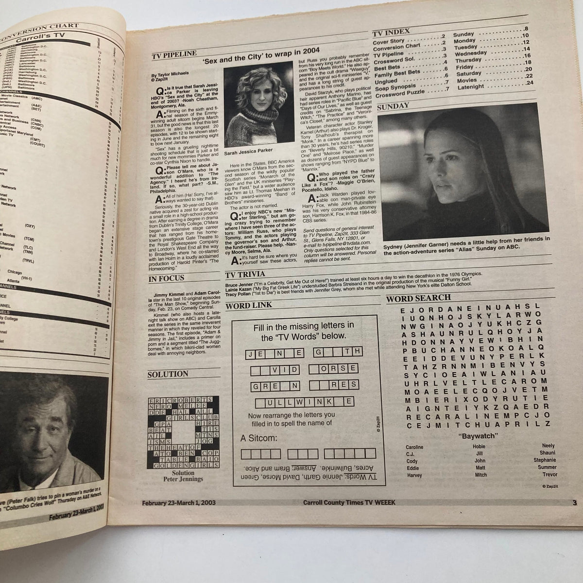 Interior page of TV Week Magazine February 23 2003, featuring TV schedule and trivia sections.