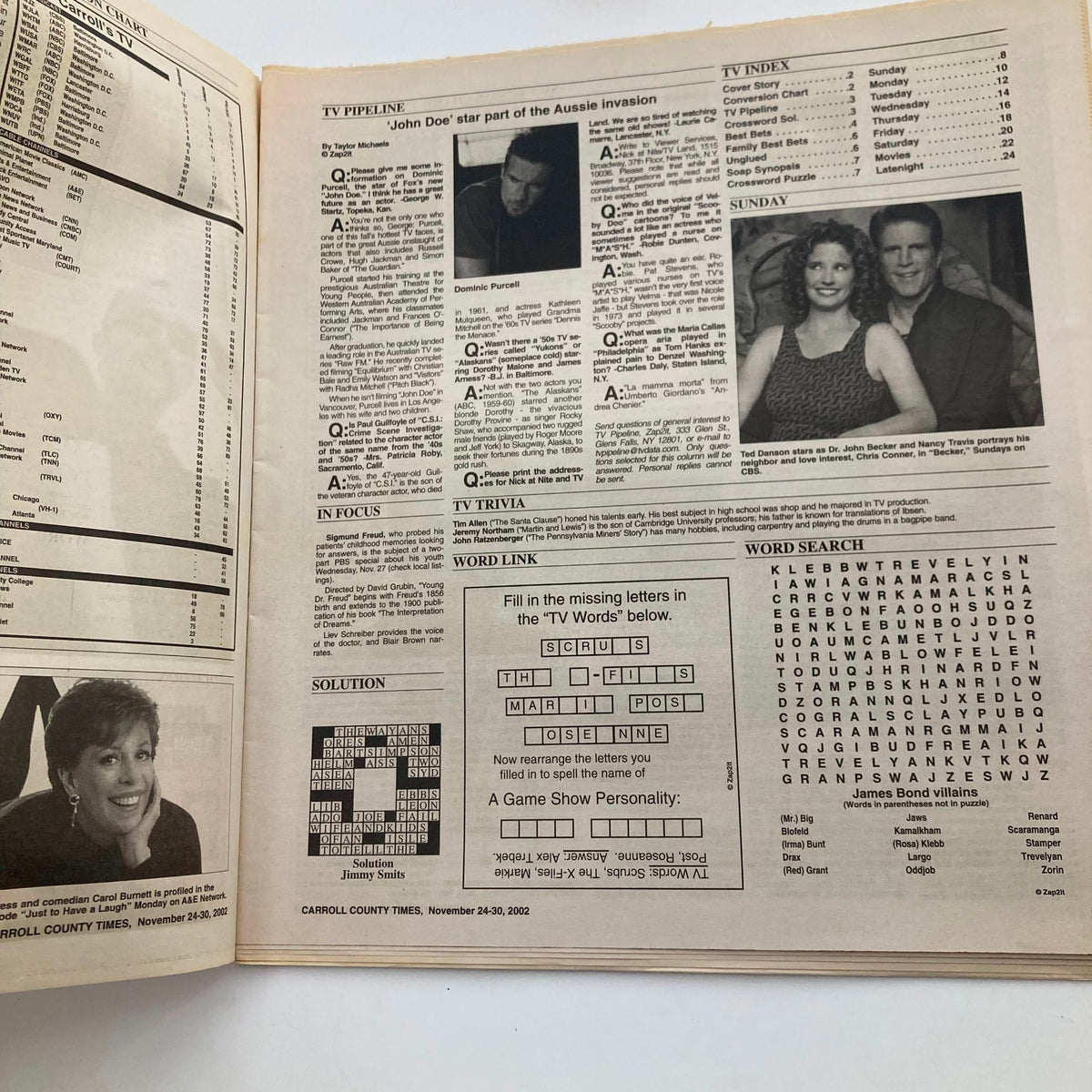 Inside page of TV Week Magazine from November 24, 2002, displaying TV listings and a word search puzzle.