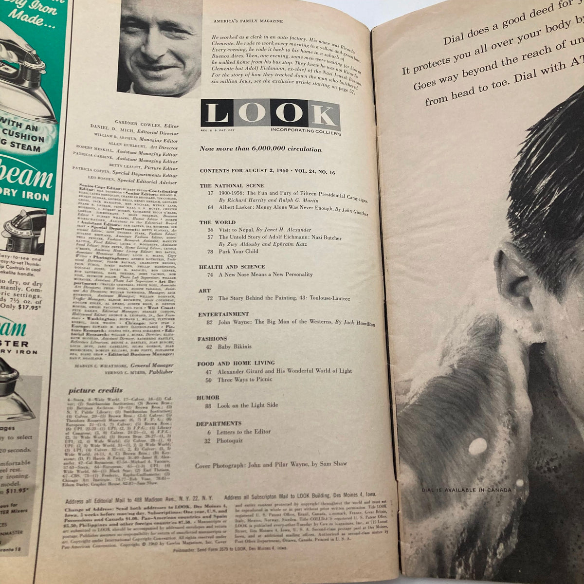 Interior page of VTG Look Magazine August 2 1960 Vol 24 No. 16, displaying magazine contents including articles and features relevant to the era.