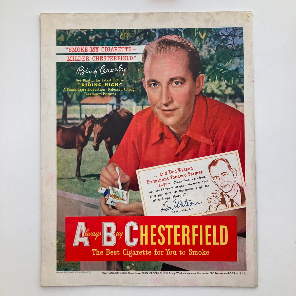 Advertisement page from The Saturday Evening Post December 31, 1949, featuring Bing Crosby promoting Chesterfield cigarettes, showcasing a nostalgic style from the late 1940s.