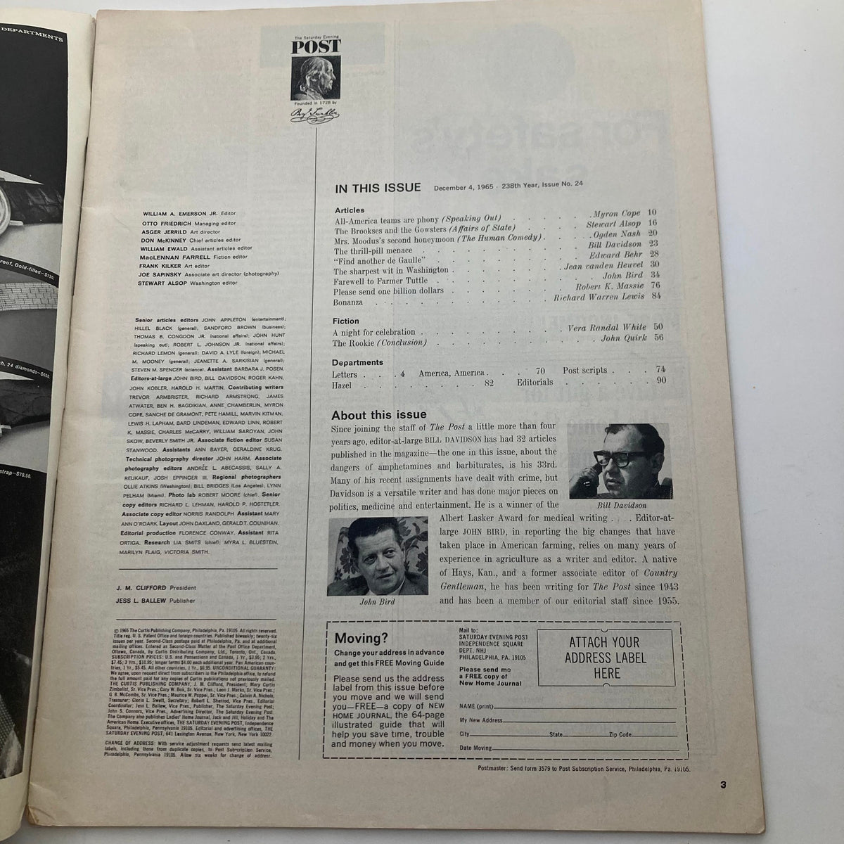 Inside page of The Saturday Evening Post, December 4, 1965 issue, showing the table of contents and editorial details related to the 'Roosevelt Family Memoirs' edition.