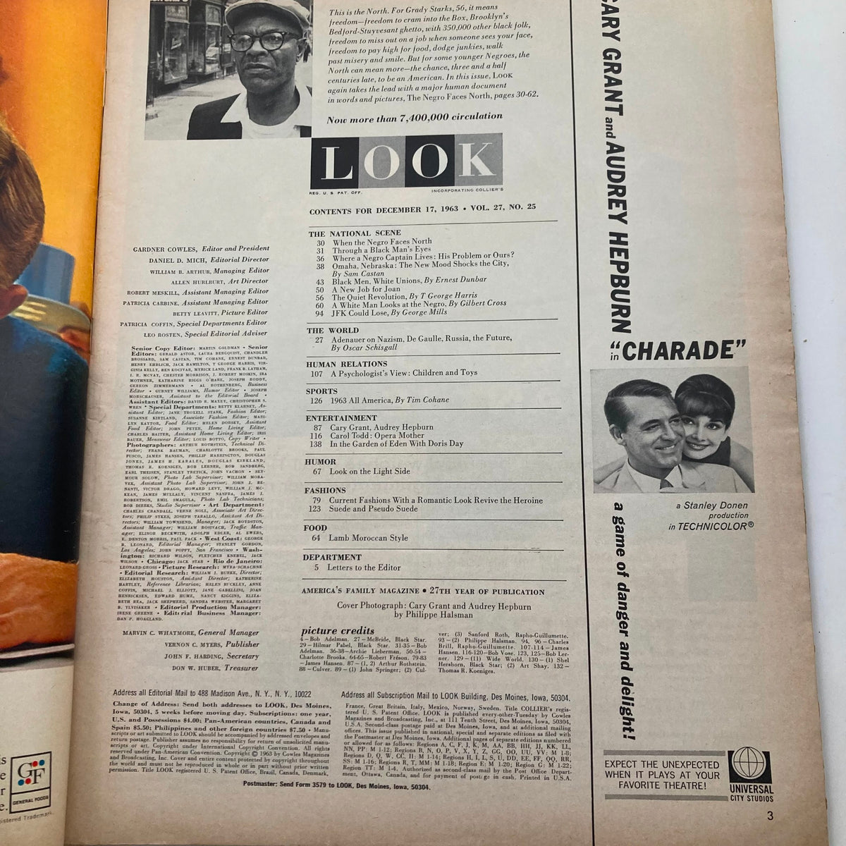 Interior page of Look Magazine December 17, 1963, Vol 27 No. 25, detailing contents including Cary Grant and Audrey Hepburn's feature, highlighting the cultural and cinematic landscape of the era.