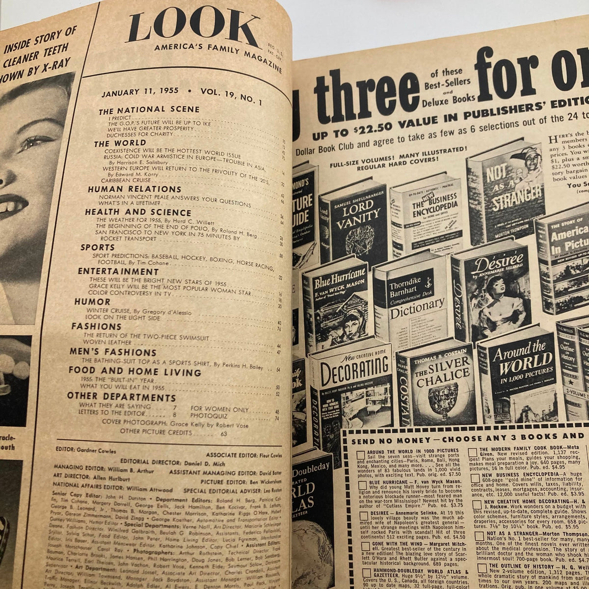 Inside pages of VTG Look Magazine January 11 1955, Vol. 19 No. 1, displaying the table of contents and advertisements reflective of the 1950s culture.