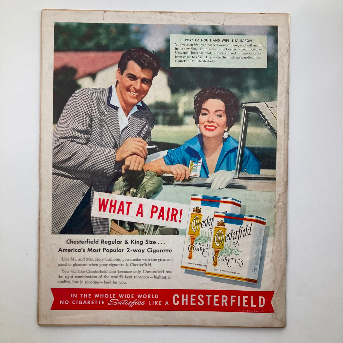 Back cover of VTG Look Magazine January 11 1955 featuring an advertisement for Chesterfield cigarettes with actors Rory Calhoun and Lita Baron.