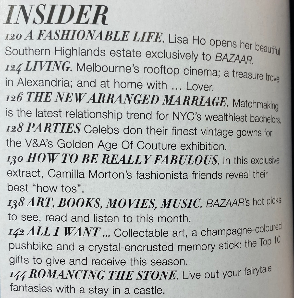 Table of contents from Harper's Bazaar Australia Magazine November 2007, detailing various features including lifestyle and fashion articles.