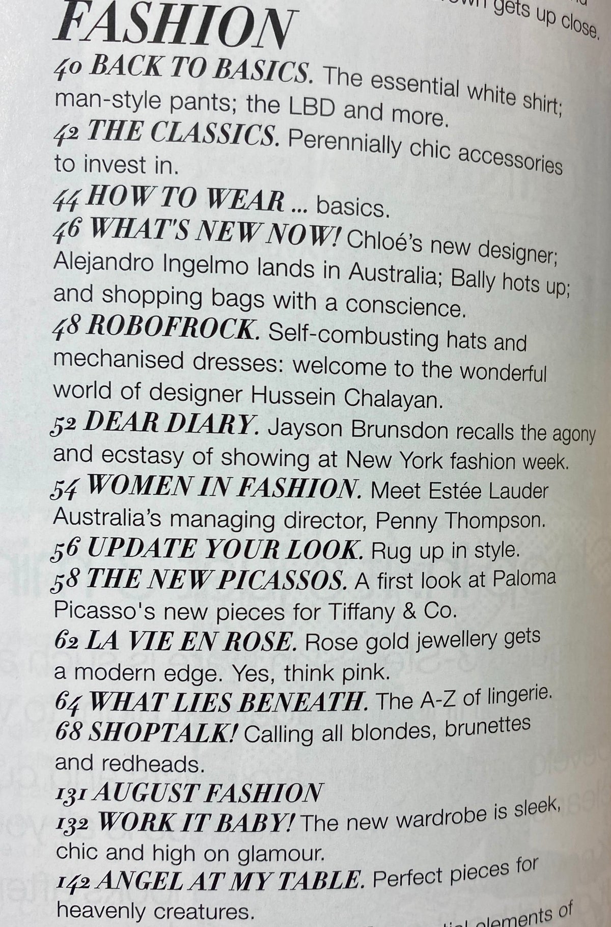Inside page of Harper's Bazaar Australia Magazine August 2007 showcasing the 'Back to Basics' fashion section with essential style tips.