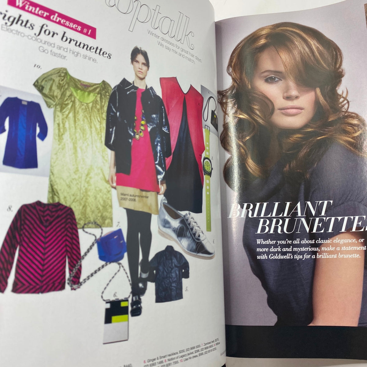 Another interior page of Harper's Bazaar Australia Magazine August 2007 highlighting fashion advice for 'Brilliant Brunette' styles and winter dresses.