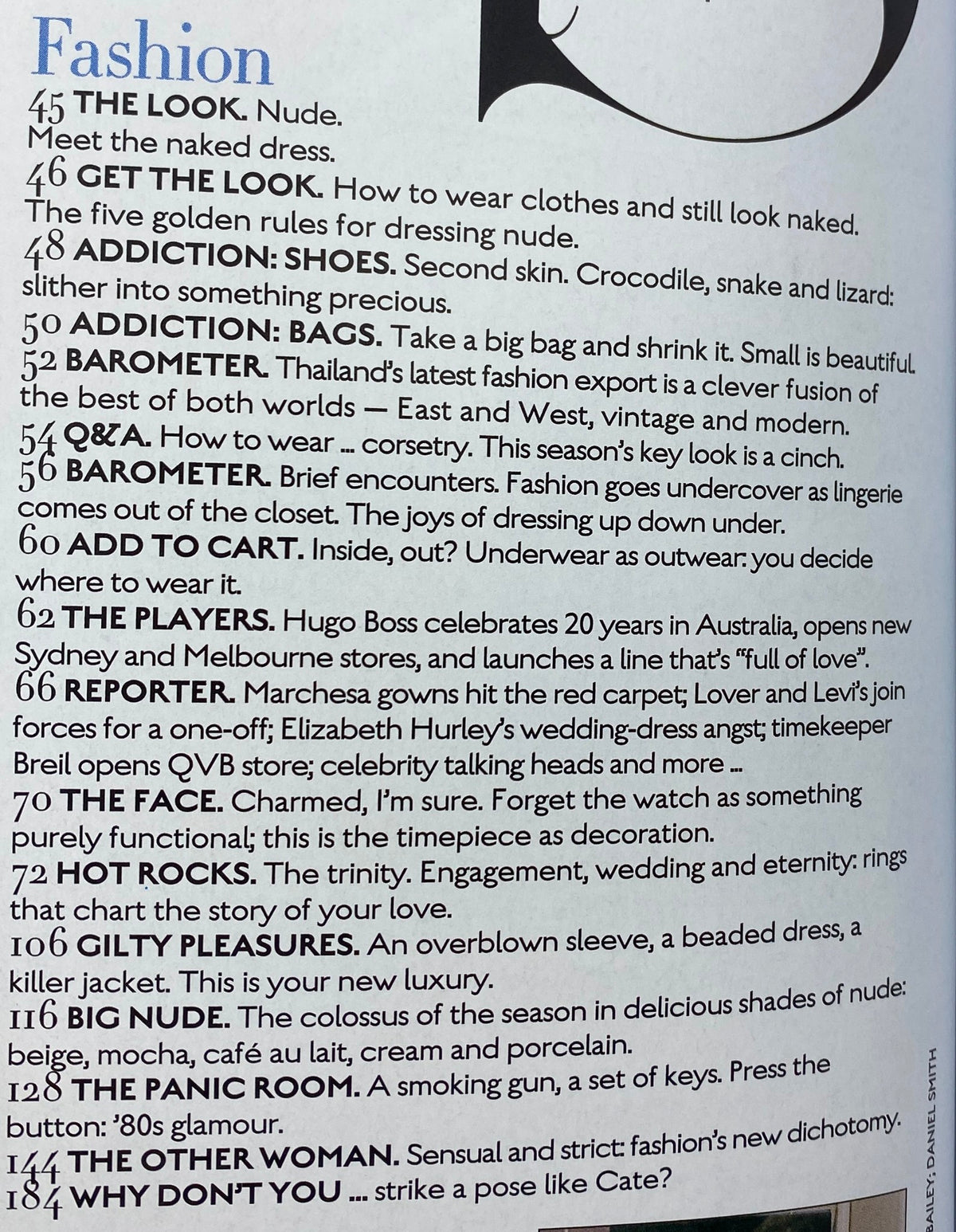 Inside page of Harper's Bazaar Australia Magazine 2018 listing fashion content, including sections on nude fashion trends, shoe addiction, and styling tips, emphasizing fashion expertise and current trends.