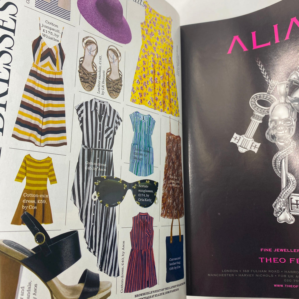 Elle UK Magazine July 2011 interior page featuring summer dresses, stylish sandals, and sunglasses, highlighting fashion elements relevant to the season.