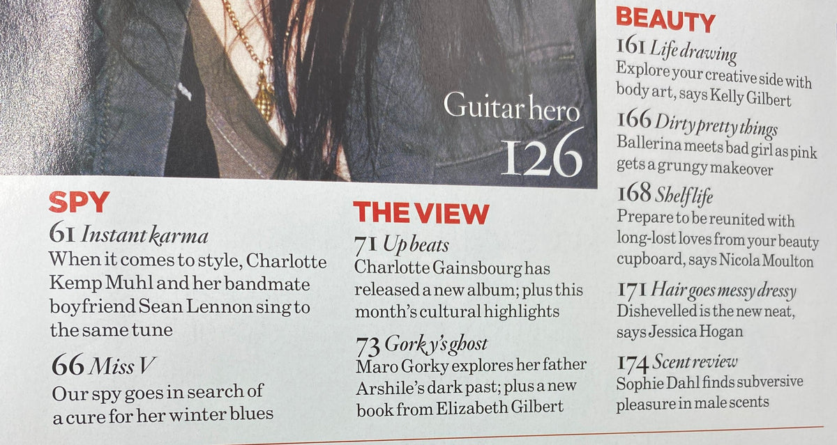 Inside page of Vogue UK Magazine February 2010 displaying various articles and features, including beauty tips, cultural insights, and a glimpse into the fashion perspective of 2010.