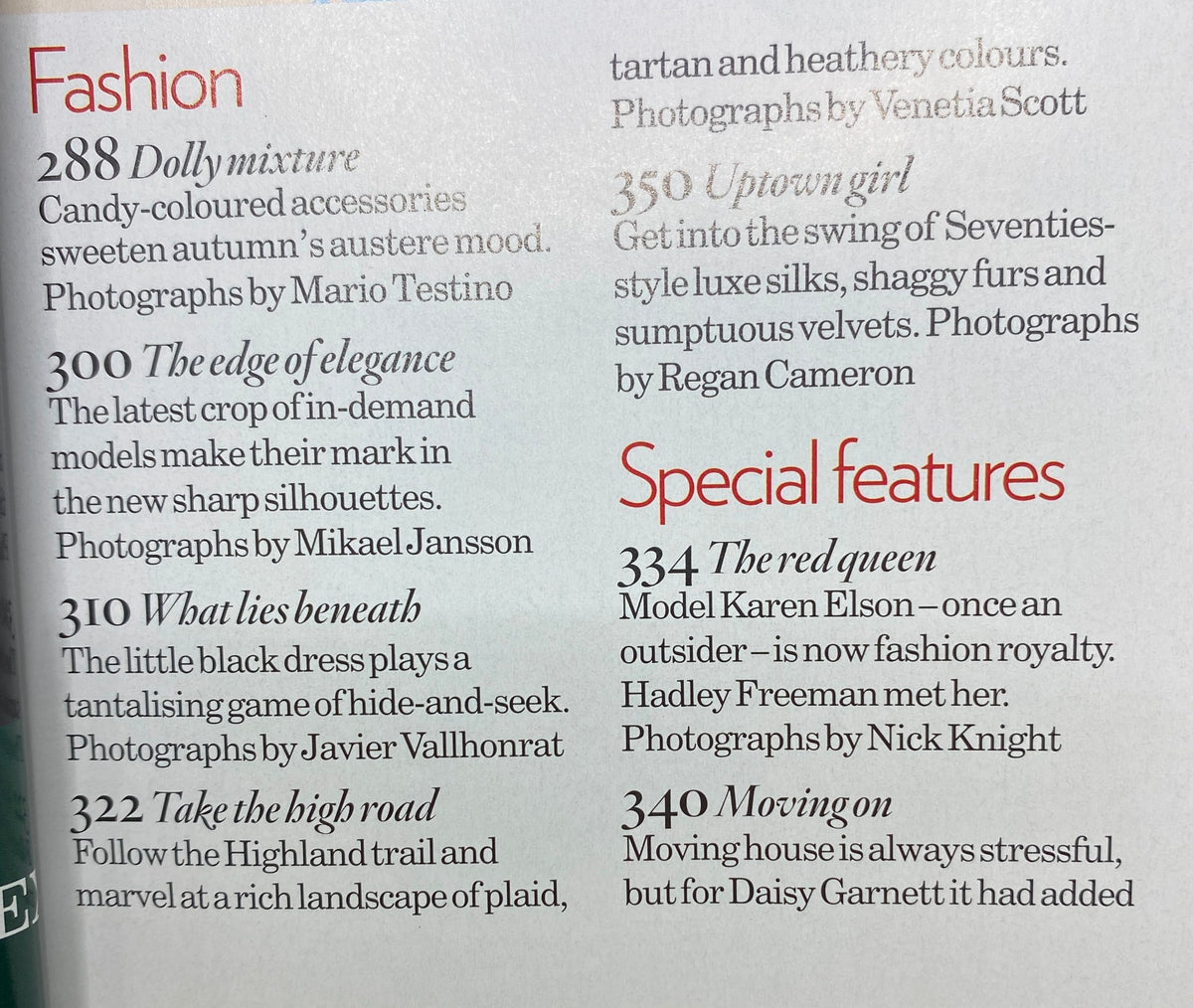 Interior page of Vogue UK Magazine September 2008, detailing fashion sections including 'Dolly mixture' and 'Uptown girl'. Features highlight high-fashion photography by renowned photographers like Mario Testino and Javier Vallhonrat, enhancing the magazine's appeal.