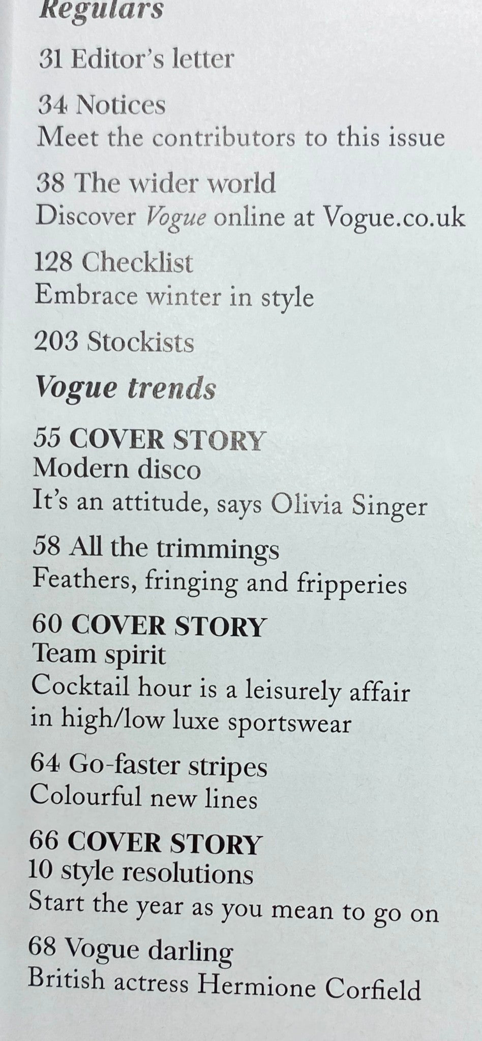 Contents page of Vogue UK Magazine January 2018 showcasing article titles including 'Modern disco' and 'Cocktail hour'. Includes contributions from various named contributors.