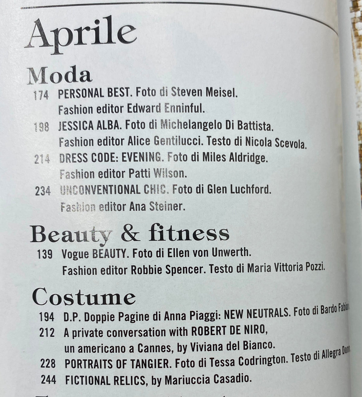 Table of contents from Vogue Italia Magazine April 2011, highlighting key features including fashion editorials and articles by Steven Meisel and Edward Enninful.