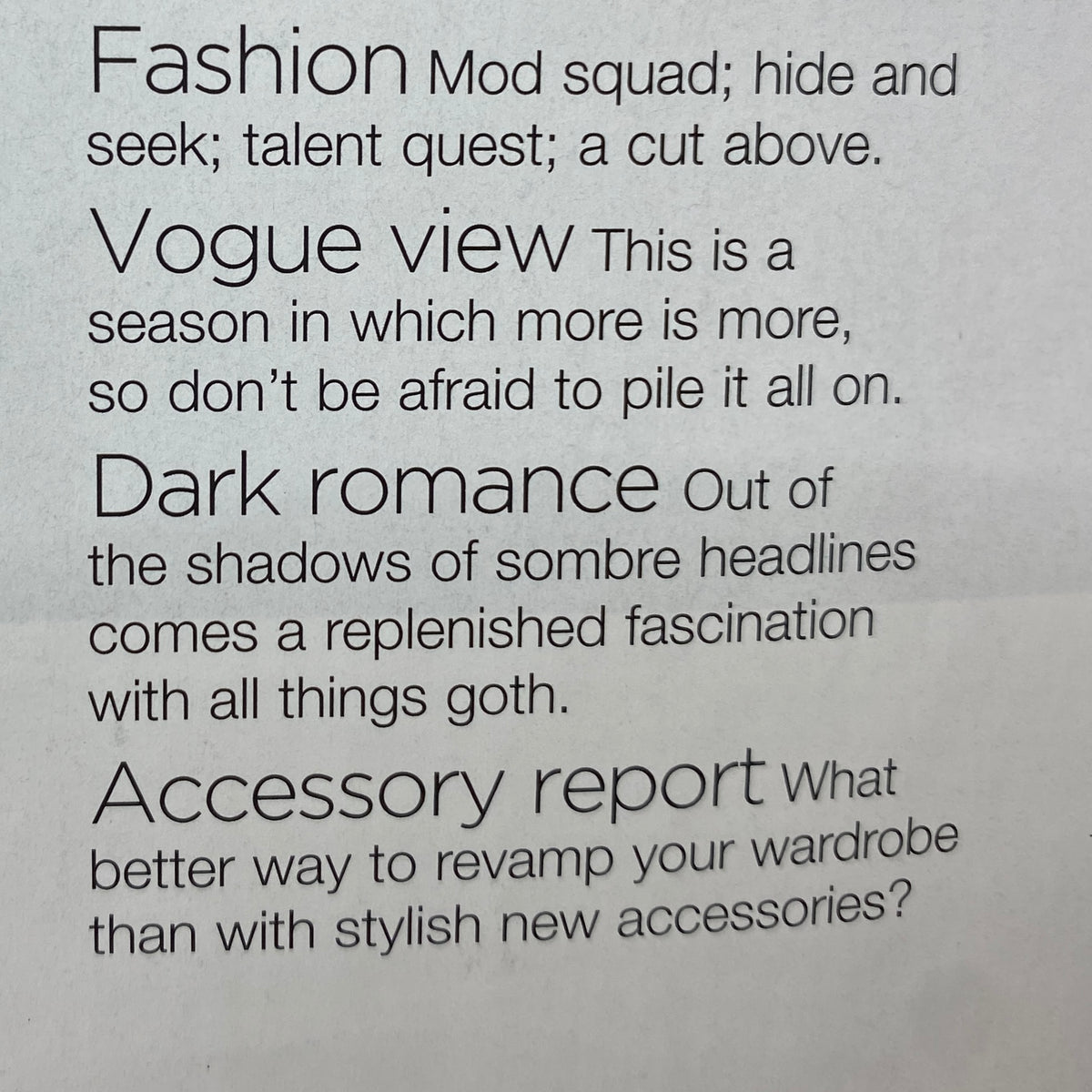Text from Vogue Australia Magazine October 2009 featuring content highlights such as 'Fashion Mod squad', 'Vogue view', 'Dark romance', and 'Accessory report'.