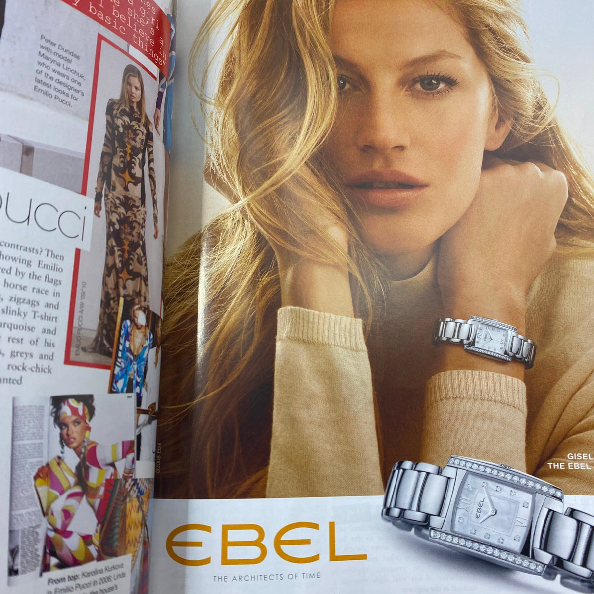 A stunning advertisement from Vogue Australia Magazine October 2009 featuring model Gisele Bündchen wearing an Ebel watch, showcasing high-fashion and luxury accessories.