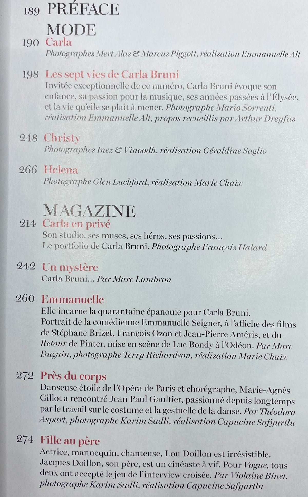 Table of contents page from Vogue Paris Magazine December 2012, highlighting features including articles and photography by renowned artists related to Carla Bruni.
