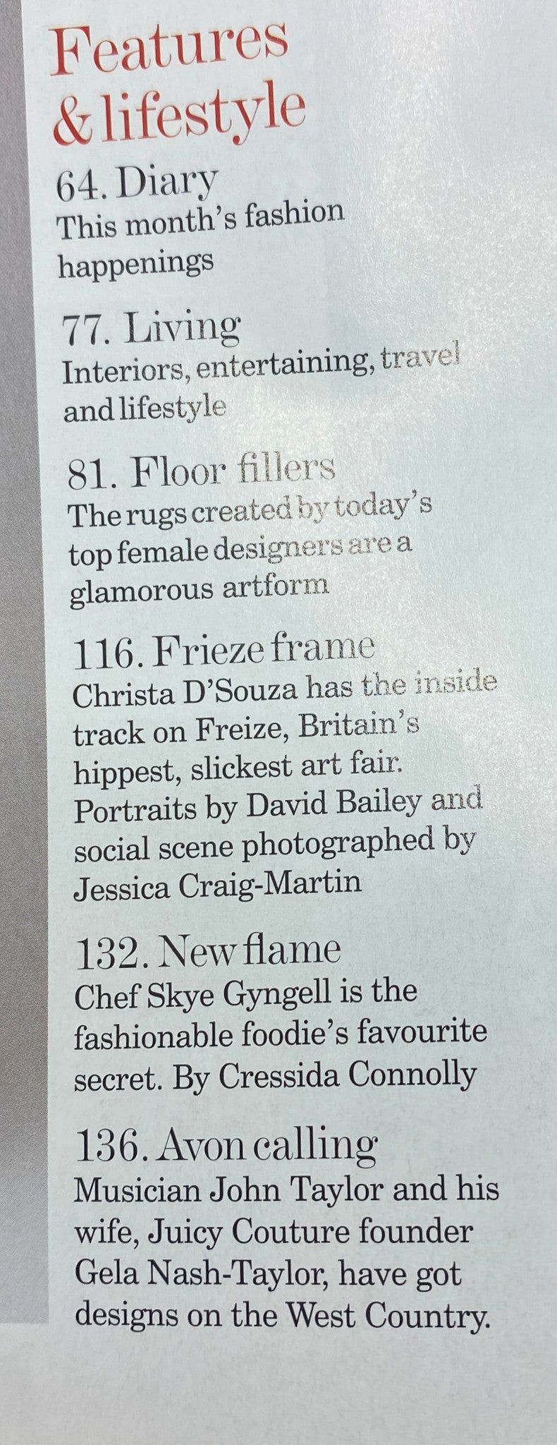 Features and lifestyle section of Vogue UK Magazine January 2006 showcasing articles on fashion happenings, interiors, and art, including 'Diary', 'Frieze frame', and more.