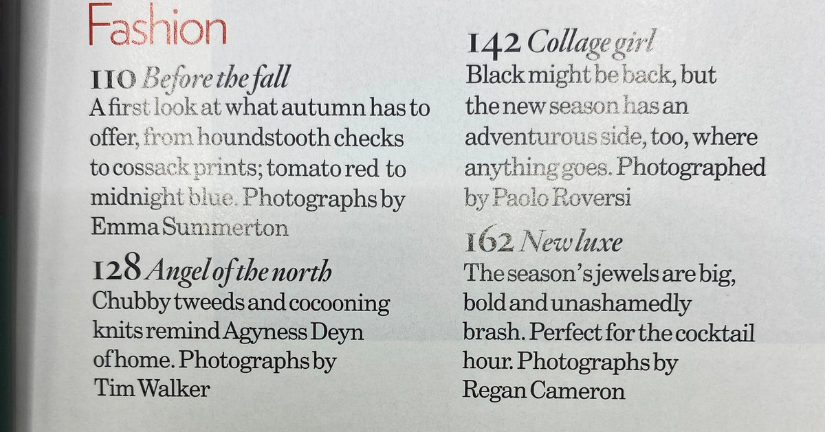 Inside page of Vogue UK Magazine August 2008 highlighting articles like '110 Before the Fall' and '162 New Luxe.' A comprehensive look at fashion insights from the issue.