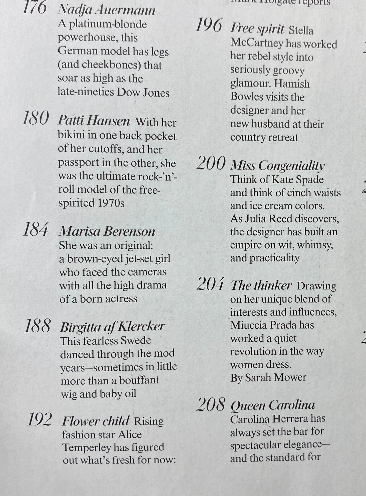 Feature page from Vogue Magazine August 2004 showcasing diverse fashion styles, including models and designers like Nadja Auermann and Patti Hansen.