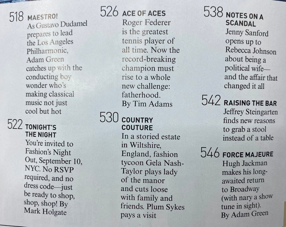 Interior page of Vogue Magazine September 2009 listing article titles including Maestro, Ace of Aces, and Tonight's the Night, featuring highlights from the issue.