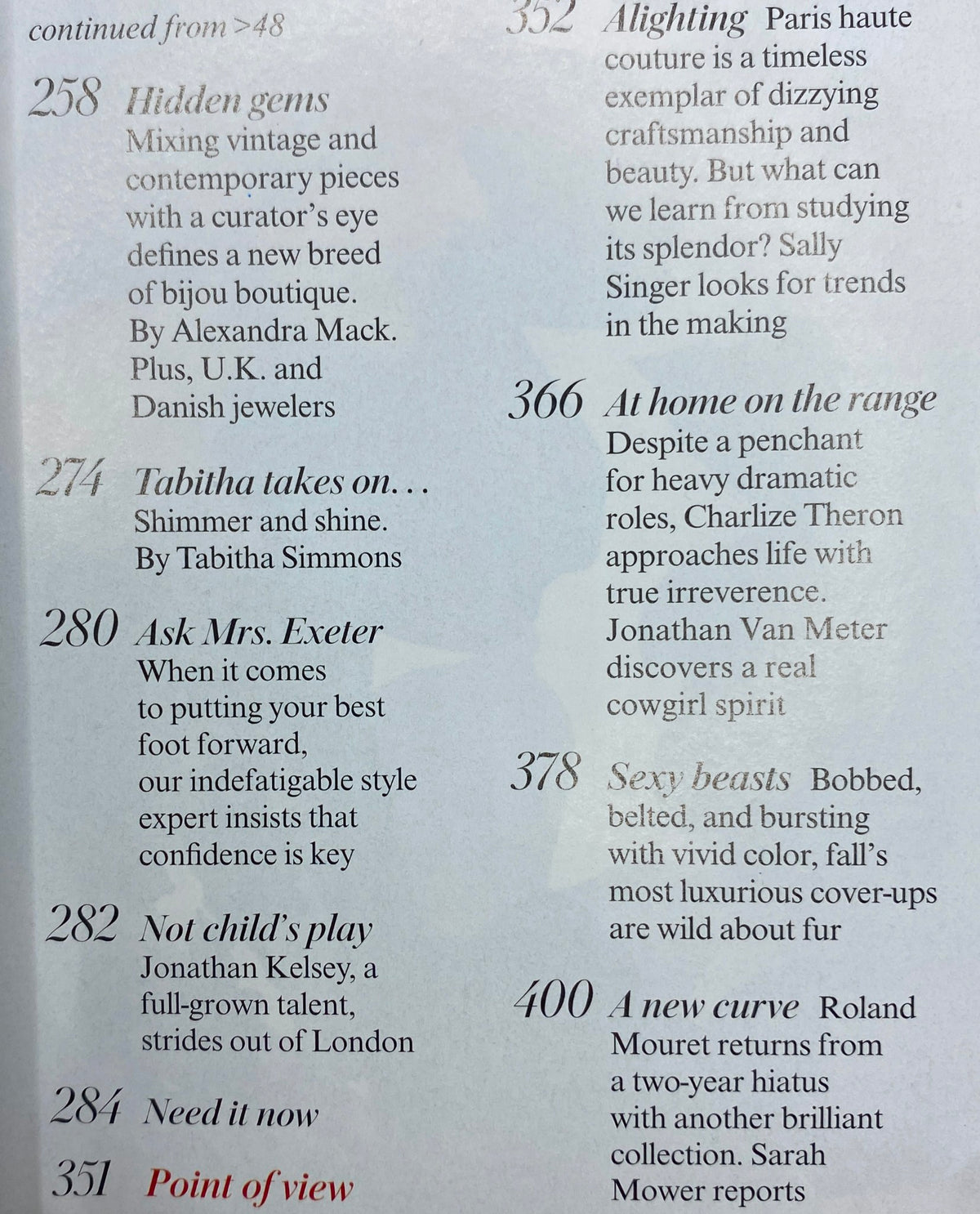 Interior page of Vogue Magazine October 2007 highlighting various articles, including 'Hidden Gems' and 'At Home on the Range' with Charlize Theron.