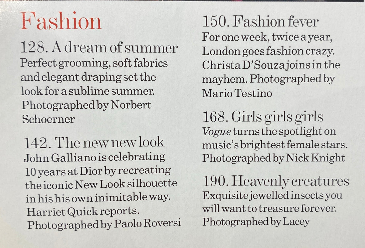 Interior page of Vogue UK Magazine June 2007 highlighting fashion features, including 'A Dream of Summer' and 'The New New Look', with stunning editorial photography.