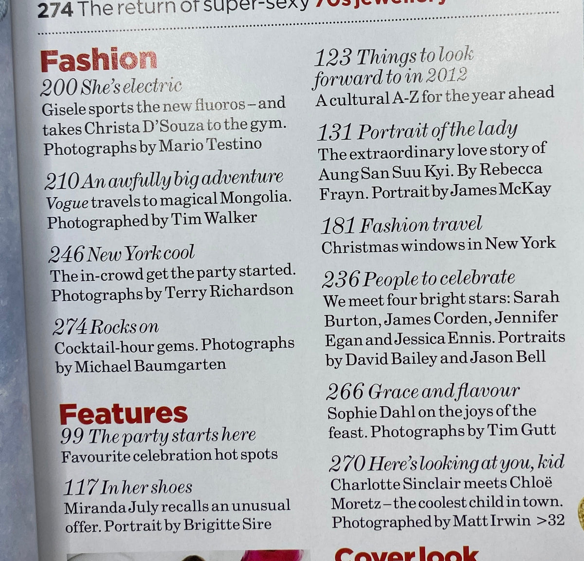 Contents page of Vogue UK Magazine December 2011 highlighting features and articles including 'She's Electric' and 'People to Celebrate', showcasing insights on fashion and culture.