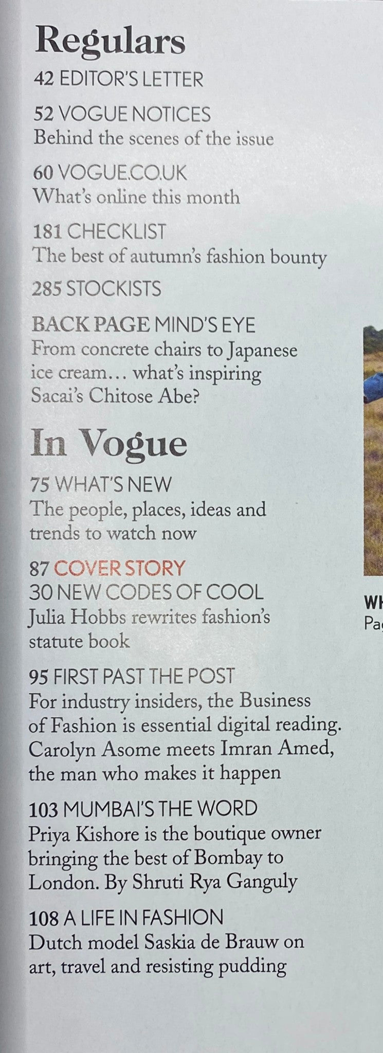 Content page of Vogue UK Magazine November 2015 listing features including editorial letters and articles on fashion trends.